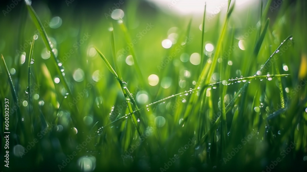 Image of green grass with a dew drops, bright clear light blur green nature bokeh on blacground. Generative Ai