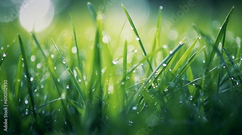 Image of green grass with a dew drops  bright clear light blur green nature bokeh on blacground. Generative Ai