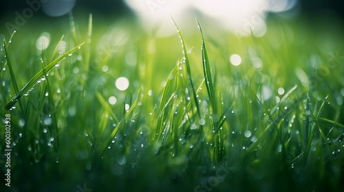 Image of green grass with a dew drops, bright clear light blur green nature bokeh on blacground. Generative Ai