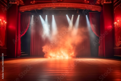 Magic theater stage red curtain, spotlight