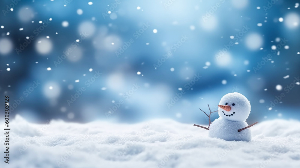 Obraz premium Snow man and white clear Snow piles on the ground and falling snow with a blue and white blurred background. Generative Ai