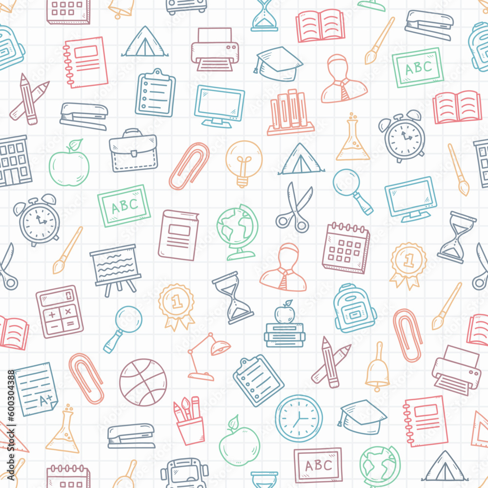 Square seamless pattern with handdrawn colored school icons on paper background Square seamless pattern with handdrawn colored school icons on paper background