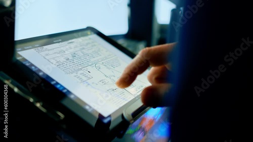 the pilot holds a tablet in his hands, looks at the flight route and chooses the landing place of the plane