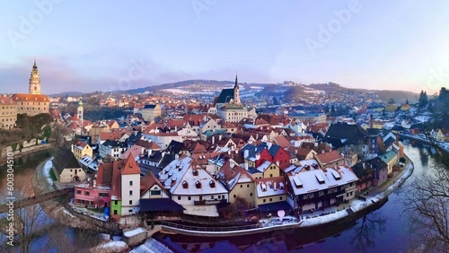View of the city and river of Cesky Krumlov under a beautiful sky.