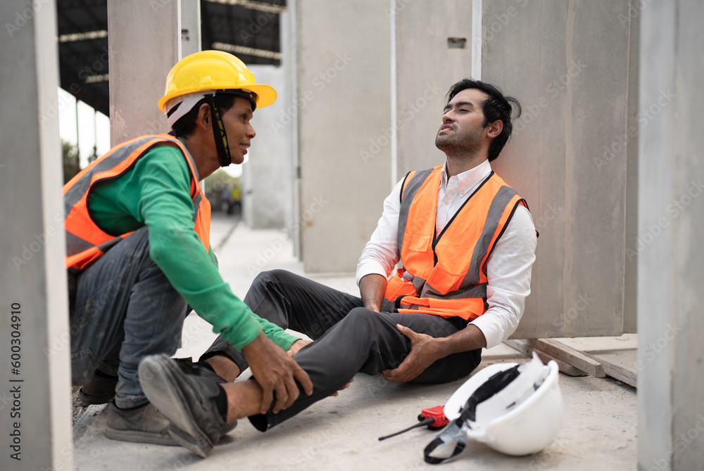 Technician Asia engineer man worker leg accident and friend helping in precast site work Technician Asia engineer man worker leg accident and friend helping in precast site work