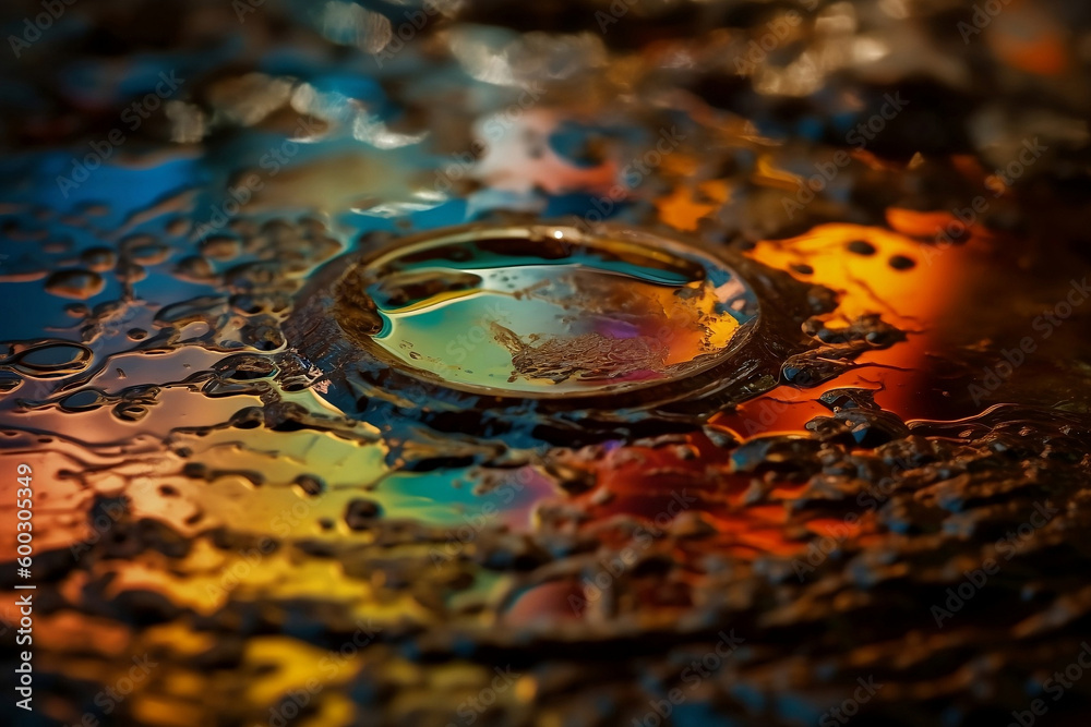 Multicoloured spot gasoline abstract background, abstract oil spill on ocean water. Environmental tragedy, sea pollution. Spill of oil products on land, ground, Nature impact. Generative AI.
