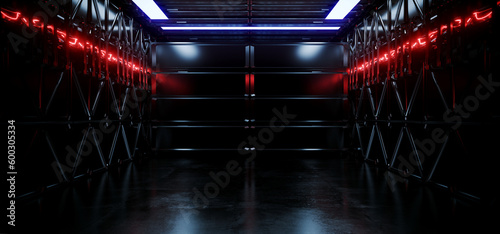 Alien Spaceship Sci Fi Futuristic Modern Metal Panels Detailed Tunnel Corridor Glossy Dark White Red Led Vibrant Lights Stage Showroom 3D Rendering