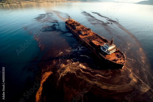 Ship pollution, oil leak. Oil spill pollution polluted water surface by maritime transport. Industrial chemical contamination. oil spill at sea by petroleum products. Dangerous environmental tragedy.