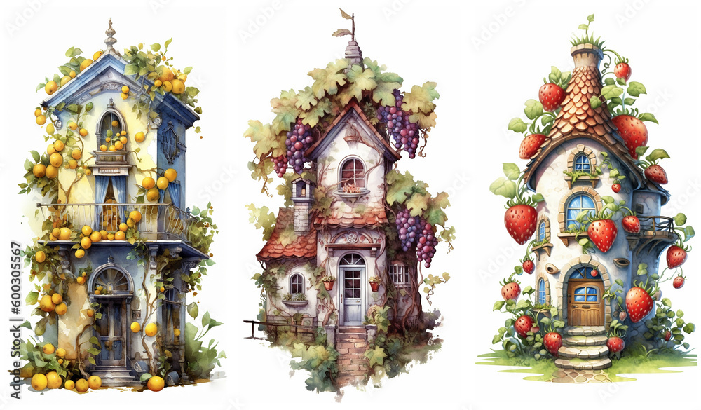 Obraz premium Watercolour fantasy fruit houses. Greeting cards and envelopes artwork project.