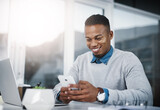 Business, smile and man with a smartphone, mobile app or connection at the workplace. Male professional, consultant or employee with a cellphone, communication or entrepreneur with social media