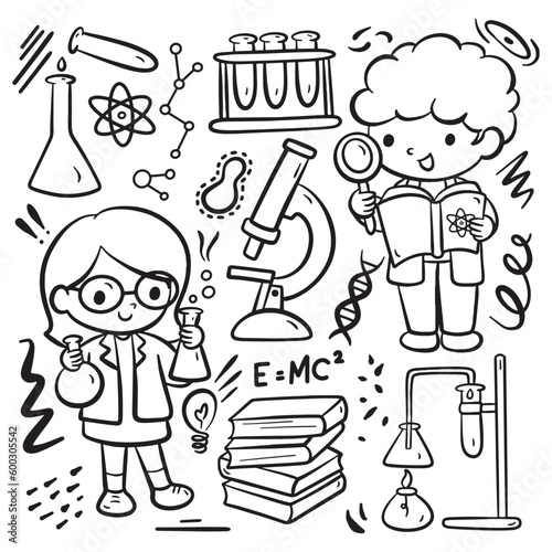 Hand drawn sketchy line art of scientist and laboratory stuff