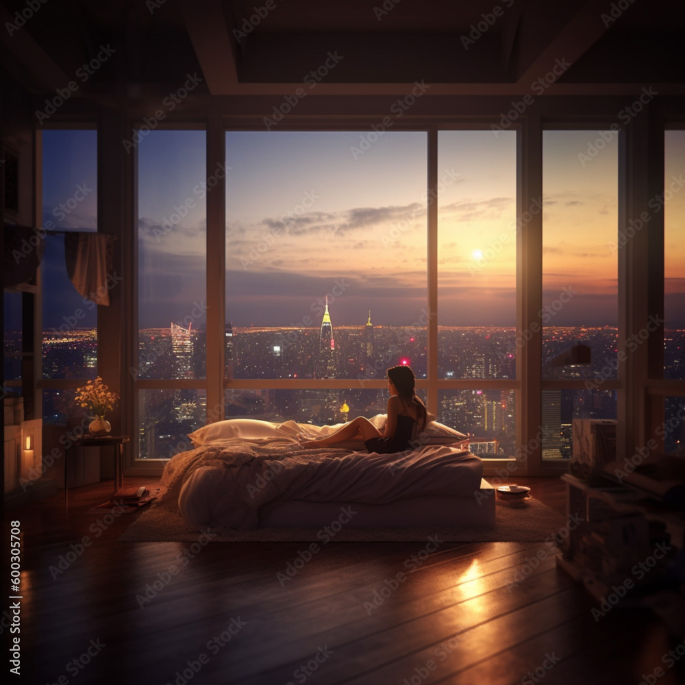 alone, young lady, bed, Manshon, hotel, tower, high floor, bed, nice view, sexy, morning glow, sunrise, sunset alone, young lady, bed, Manshon, hotel, tower, high floor, bed, nice view, sexy, morning glow, sunrise, sunset