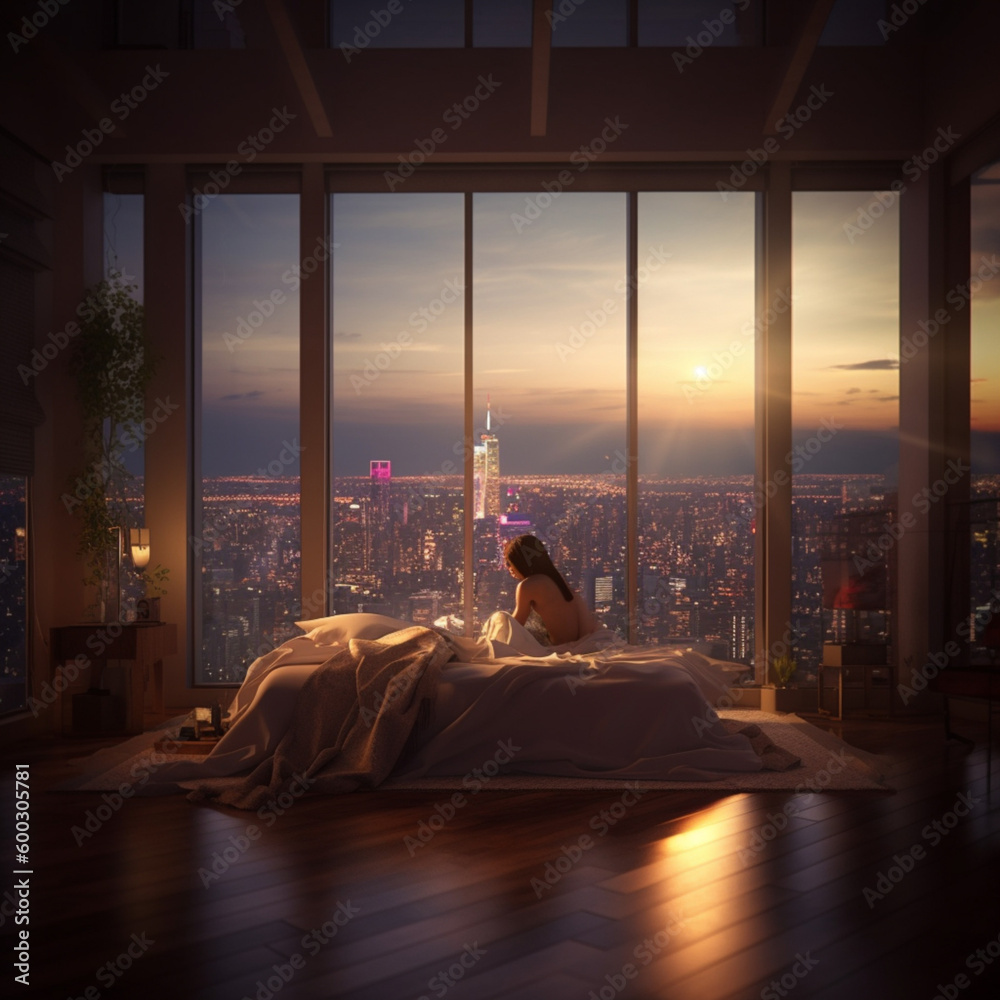 alone, young lady, girl, Manshon, hotel, tower, high floor, bed, morning glow, sunset, sunrise, night view (2)