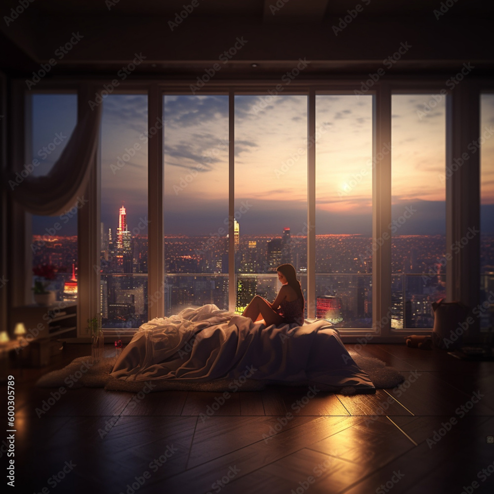 alone, young lady, girl, Manshon, hotel, tower, high floor, bed, morning glow, sunset, sunrise, night view (3)