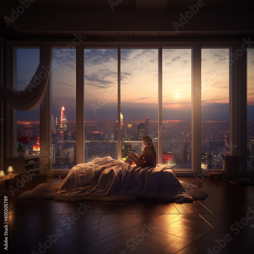 alone, young lady, girl, Manshon, hotel, tower, high floor, bed, morning glow, sunset, sunrise, night view (3)