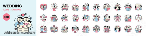 wedding.  Cute groom and bride character concept collection mega set. Vector illustration with outlines.