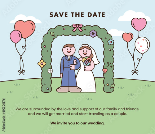 wedding. The bride and groom stand under the rose arch. wedding invitation.