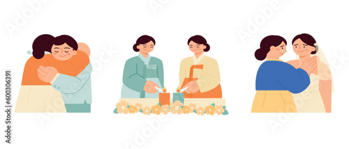 wedding. Korean marriage culture. Mothers wearing hanbok are lighting candles together and hugging the bride and groom.