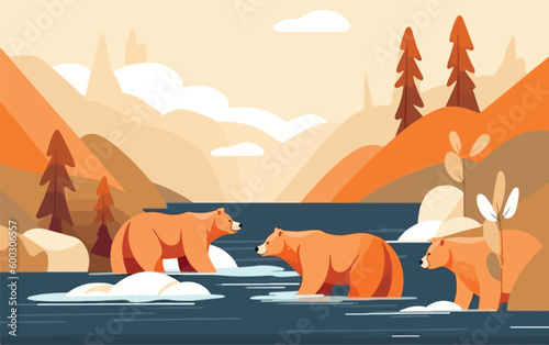 Family of bears fishing for salmon in a river. Animals wildlife in natural habitat concept. Generative AI