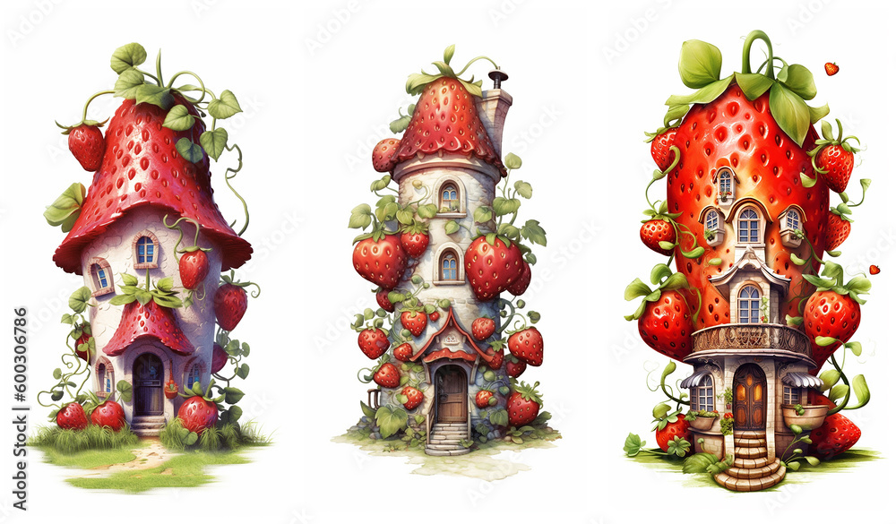 Watercolour fantasy strawberry houses. Greeting cards and envelopes artwork project 1.