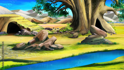 Big rock near a small river in the African savannah