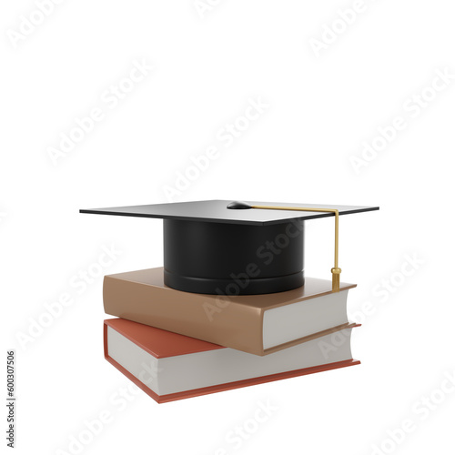 Graduation cap with colorful book, 3d rendering