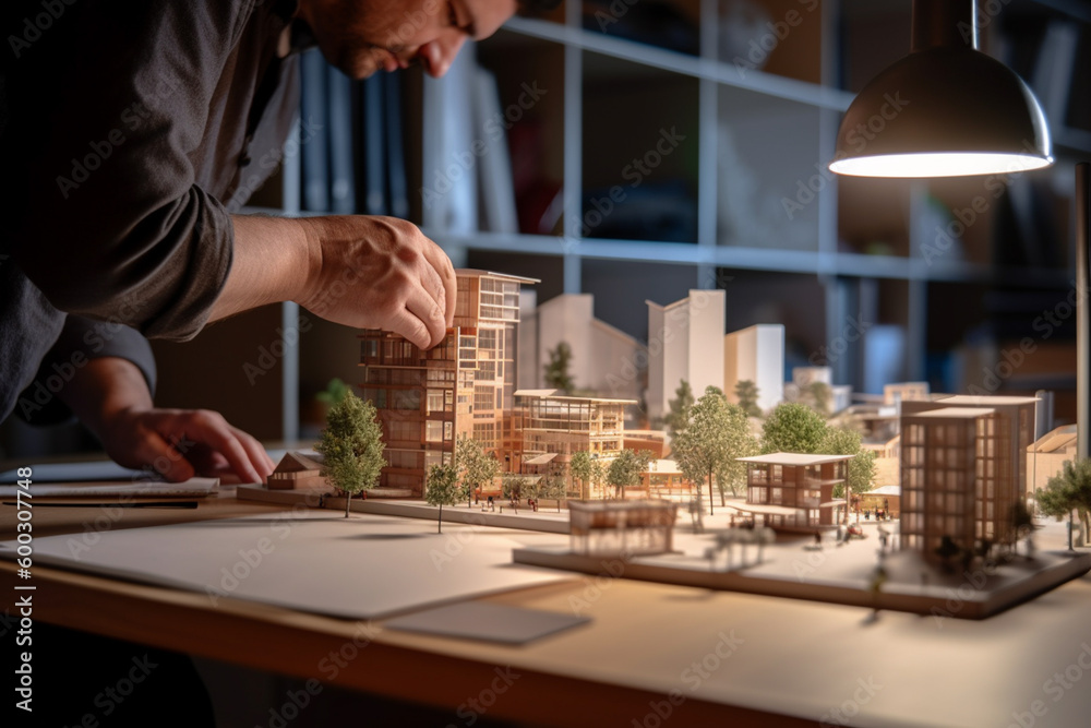 a person works with the model house in the office in the style of architectural with Generative AI