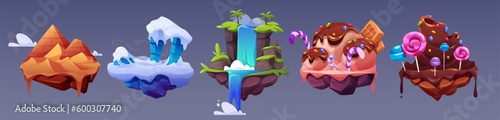 Fantastic flying land platforms for game ui design. Vector cartoon illustration of islands decorated with ancient pyramids, ice and snow, paradise waterfall, sweet caramel, chocolate and candy topping