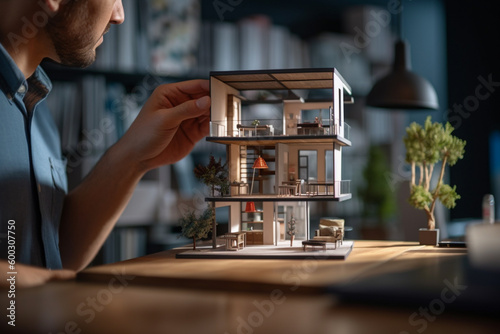 a person works with the model house in the office in the style of architectural with Generative AI
