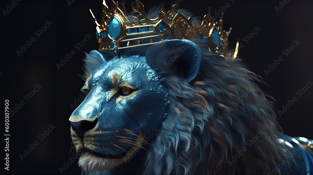 portrait of a lion in the night, a full body preview a lion with a crown on it's head, trend in art station, cinematic blue and gold, the artist has used bright, wallpaper, Generative AI