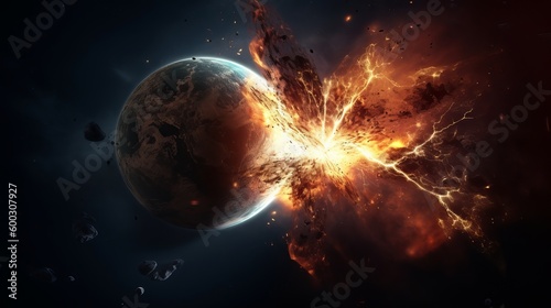 two massive planets colliding in space causing a massive explosion  planet in space  explosion of the earth  earth and sun  wallpaper  Generative AI