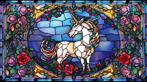 adorable unicorn stained glass window digital art style cute adorable sweet magical whimsical illustrated artsy surrounded by flowers beauty and the beast vibes framed jewel tones, Generative AI