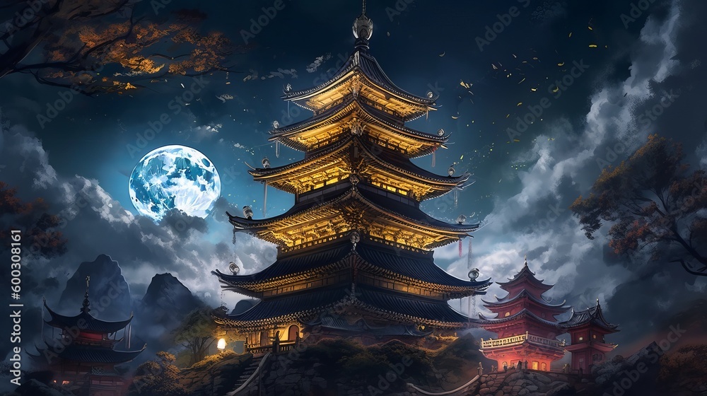 pagoda in the sky with moon and moon lights, in the style of realistic