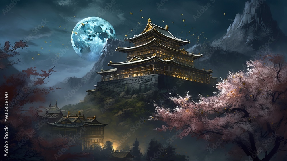 beautiful tibet night scene wallpaper background, in the style of gothic illustration, religious building, cherry blossoms, view of chinese temple, view of the temple of heaven, Generative AI - obrazy, fototapety, plakaty 