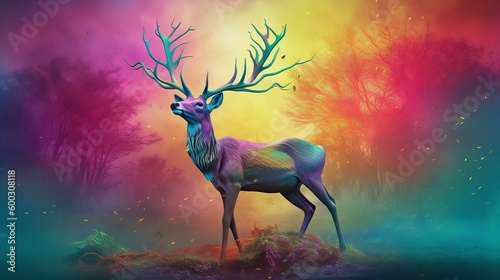 good mythical male deer poster design, Art, epic, creativity, High Color, dynamic, dynamic pose, light Effects, lots of colors/ hyper realistic, super-realistic, wallpaper, Generative AI photo