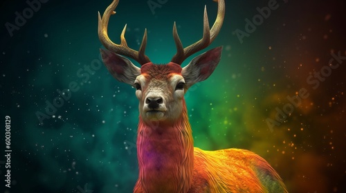good mythical male deer poster design, Art, epic, creativity, High Color, dynamic, dynamic pose, light Effects, lots of colors/ hyper realistic, super-realistic, deer in the woods, Generative AI © Ameer