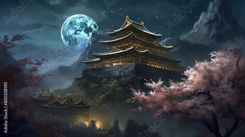 Fotografiet beautiful tibet night scene wallpaper background, in the style of gothic illustr