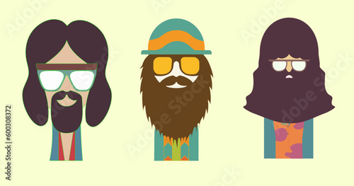 Set of retro hippie groovy characters - stylized men with glasses and beard