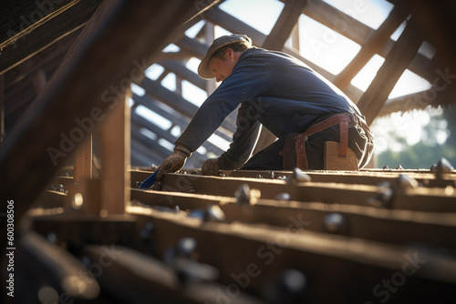 a male building tradesman works on a wooden roof structure with Generative AI