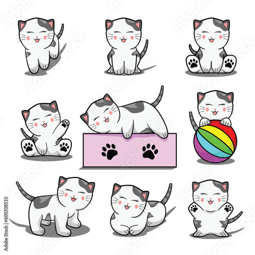 set of cute smiling baby cat or kitten in action drawing in colorful cartoon vector