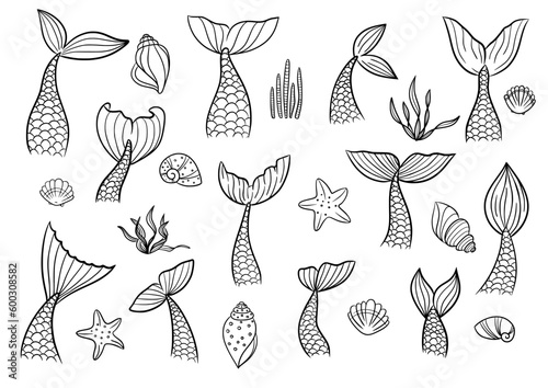 Mermaid tail with shell, seaweed, starfish cute vector icon set. Line sea fish hand drawn silhouette isolated on white background. Black contour marine tale girl elements. 