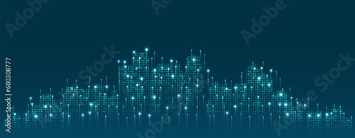 Abstract cityscape with bright glowing lights.