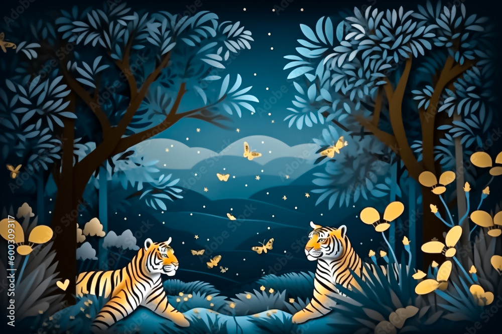A nighttime forest scene with a stunning paper cut tiger illustration in silver and gold. generative AI. A nighttime forest scene with a stunning paper cut tiger illustration in silver and gold. generative AI.