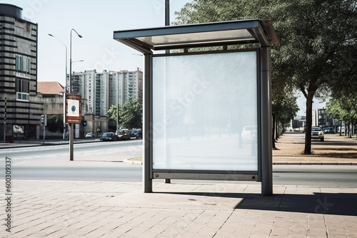 a bus stop with a large blank billboard on the pavement with Generative AI