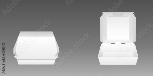 White cardboard burger box, realistic vector illustration. Paper takeaway blank package for fast food, lunch container template, open and closed mock up, front view isolated on gray background