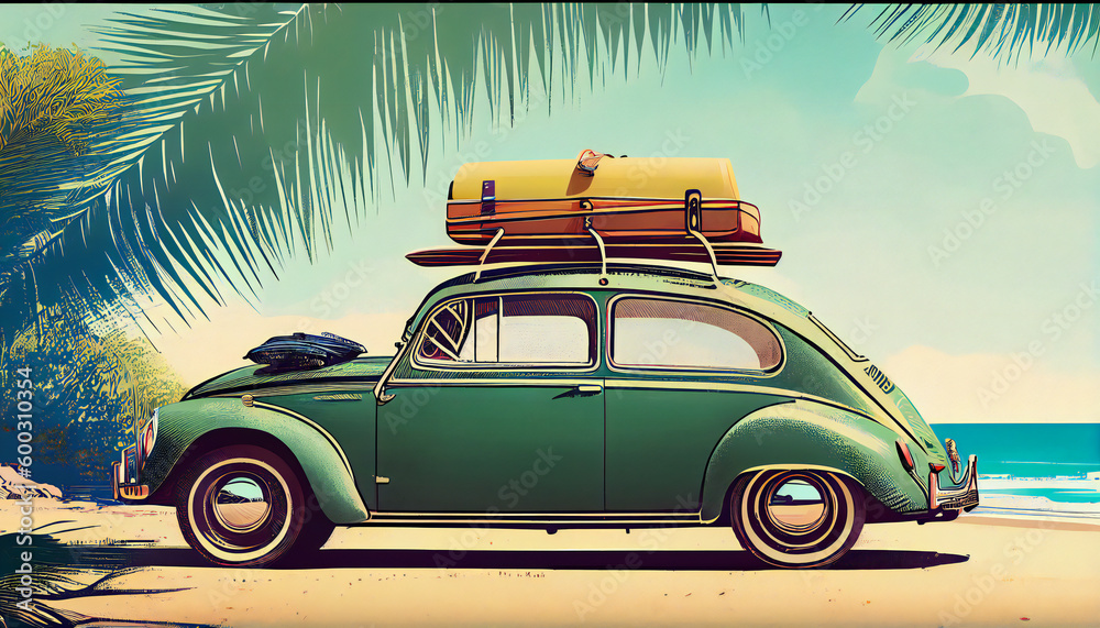 Green car with luggage ready for summer holidays 3D Rendering. Generative ai