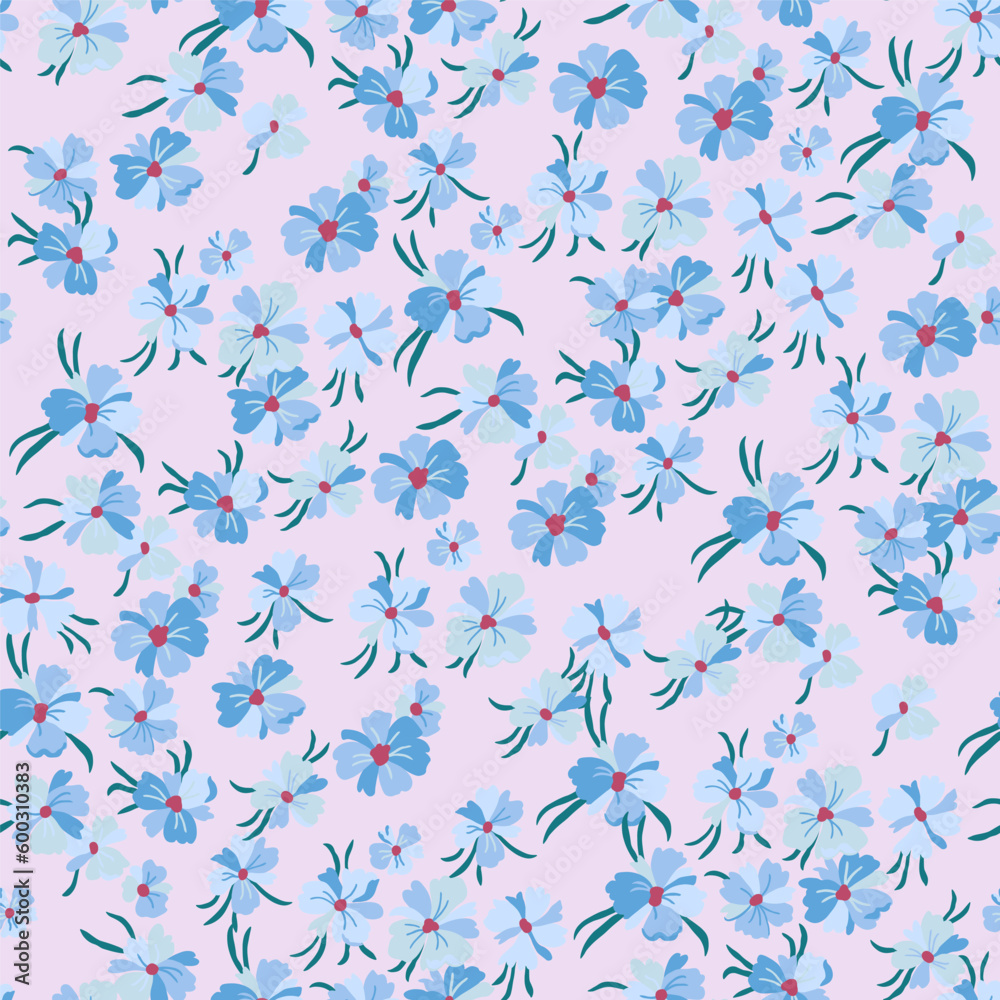 Vector seamless pattern with a stylized floral motif, lots of small blue flowers on a pale pink background. Hand-drawn little flowers. Vector seamless pattern with a stylized floral motif, lots of small blue flowers on a pale pink background. Hand-drawn little flowers.
