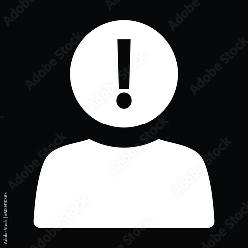 Icon depicting a person and an exclamation mark in his head in a flat style. Vector illustration.