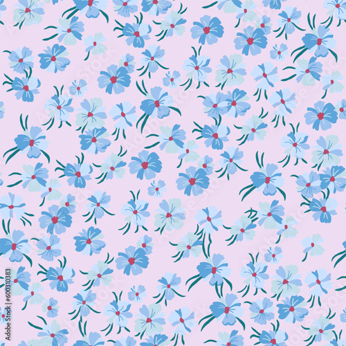 Vector seamless pattern with a stylized floral motif, lots of small blue flowers on a pale pink background. Hand-drawn little flowers. © Maxim