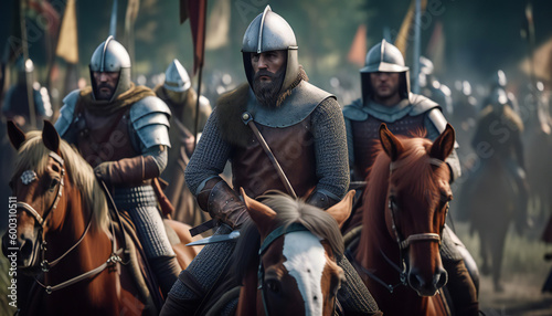Historic medieval battle recreation with cinematic lighting, soldiers on horses, knights with shining armour in a dark ages destructive artwork. Crusaders in combat attacking the enemy. Generative ai